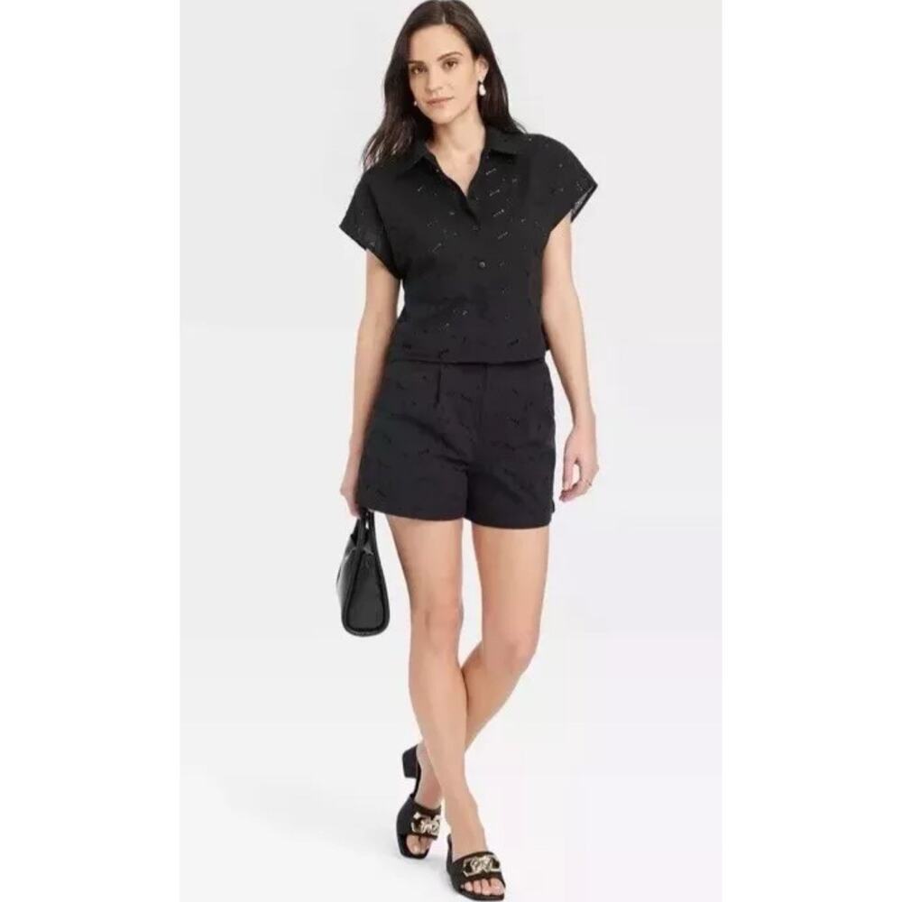 A New Day Women's High-Rise Pleated Eyelet Cotton Short Black Size 6 Cottage - Picture 9 of 9